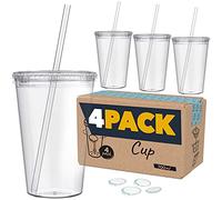 Marfrand Hard Plastic Cups with Lid and Straw - BPA Free - Includes Reusable Stickers and Cocktail eBook - Set of 4 Reusable Transparent Plastic Cups 700 ml Single Wall