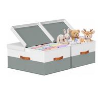 Margolongte Large storage box with lid, Double Split Design & Dividers, Foldable Stackable Non-Woven Fabric Organisers, Wardrobe Under bed Laundry Storage, White with Grey,2 Pack,60.2L