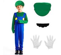 Mari Costume Kids, Luigi Costume with Bodysuit, Cap, Pants and Gloves, Carnival Halloween Cosplay Costume Decoration for Boy Girl Kids Adult(Green,M)