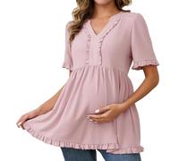 MARI GABRIEL Women Maternity Blouses Boho Ruffled V Neck Short Sleeve Shirts Flowy Loose Casual Tops Clothing 2025 Dusty Pink S