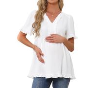 MARI GABRIEL Women Maternity Blouses Boho Ruffled V Neck Short Sleeve Shirts Flowy Loose Casual Tops Clothing 2025 White S