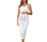 MARI GABRIEL Women Maternity Dress Mesh Ruched Side Bodycon Spaghetti Strap Pregnancy Dresses for Wedding Guest White Blue L