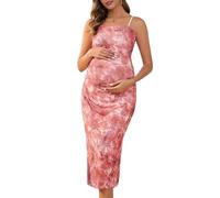 MARI GABRIEL Women Maternity Dress Mesh Ruched Side Bodycon Spaghetti Strap Pregnancy Dresses for Wedding Guest Red Floral L