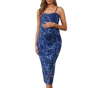 MARI GABRIEL Women Maternity Dress Mesh Ruched Side Bodycon Spaghetti Strap Pregnancy Dresses for Wedding Guest Blue Floral XL