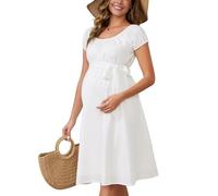 MARI GABRIEL Women Maternity Dresses for Women Maternity Photoshoot Dress Crewneck Short Sleeve Waist Belt Boho Dress White L