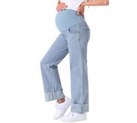 MARI GABRIEL Women Maternity Jeans Straight Leg Cuffed Comfy Stretch Over Belly Support Pregnant Denim Work Pants Light Blue M