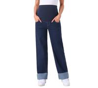 MARI GABRIEL Women Maternity Jeans Straight Leg Cuffed Comfy Stretch Over Belly Support Pregnant Denim Work Pants Black Blue S