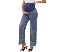 MARI GABRIEL Women Maternity Jeans Straight Leg Cuffed Denim Work Pants | Wide Loose Comfy, Denim Pants, Support Belt, High Waist, Over the Belly, Fall & Winter, Boyfriend Jeans