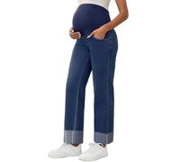MARI GABRIEL Women Maternity Jeans Straight Leg Cuffed Denim Work Pants | Wide Loose Comfy, Denim Pants, Support Belt, High Waist, Over the Belly, Fall & Winter, Boyfriend Jeans