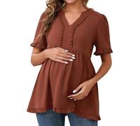 MARI GABRIEL Women Maternity Tops Boho Ruffled V Neck Short Sleeve Shirts Flowy Loose Casual Blouses Clothing 2025 Brown L