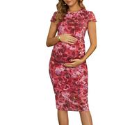 MARI GABRIEL Women's Maternity Bodycon Dress Mesh Stretchy Ruched Slim Fit Flutter Sleeve Midi Pregnancy Dresses 2026 Red Pink S