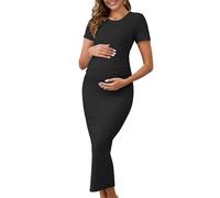 MARI GABRIEL Womens Maternity Dress Bodycon Midi Side Ruched Ribbed Wedding Guest Cocktail Pregnancy Dresses Photoshoot Black M