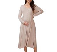 MARI GABRIEL Womens Maternity Dresses Button Pleated Knit Long Sleeve Photoshoot Baby Shower Pregnancy Long Dress Khaki S