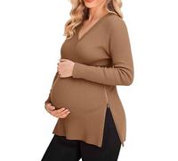 MARI GABRIEL Women's Maternity Nursing Sweater Winter Warm Side Zip for Breastfeeding Stretchy Knit Blouse Top Brown L