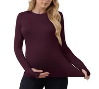 MARI GABRIEL Women's Maternity Workout Tops Stretchy Fitted Crew Neck Long Sleeve Thumbholes Pregnancy Yoga Basic Undershirts Dark Red M
