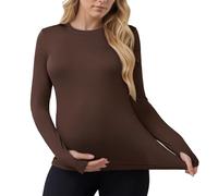 MARI GABRIEL Women's Maternity Workout Tops Stretchy Fitted Crew Neck Long Sleeve Thumbholes Pregnancy Yoga Basic Undershirts Brown M