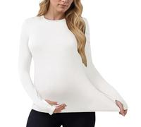 MARI GABRIEL Women's Maternity Workout Tops Stretchy Fitted Crew Neck Long Sleeve Thumbholes Pregnancy Yoga Basic Undershirts White S