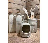 Maria`s Selection Ceramic Grey Kitchen Storage | Oil and Vinegar Dispensor Set Speckled | Salt Pig | Utensils Holder | Kitchen Storage Organisers.