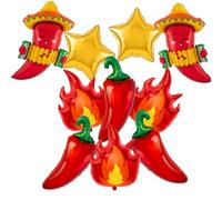 Mariachi Chili Pepper & Flame Foil Balloons Set Fiesta Cook Off Decor | Includes 10 foil balloons: sombrero chilis, stars, red peppers & flames for cook off decor & Mexican birthday bashes