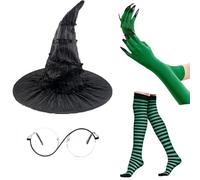 Maricrosea 4 PCS Wicked Costume Set, Elphaba Witch Costumes Accessories with Witch Hat, Green Claws Gloves, Glasses，Striped Stocking Halloween Cosplay Party Outfit