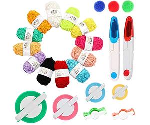 Maridergo 20 Pack Pom Pom Making Tool Set, 6 Different Sizes Pompom Maker with 12 Colours Yarn, DIY Fluff Balls Knitting Craft Making Kit with Sewing Scissors