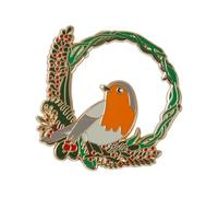 Marie Curie Charity Robin Wreath Pin Badge Christmas 100% Gold Plated Brass with Enamel