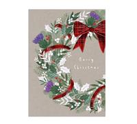 Marie Curie Charity Tartan Wreath Christmas Card Xmas Thistle Scotland Scottish Holly Festive Foliage Merry Christmas Bow Ribbon FSC Made in UK 12x17cm