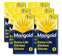 Marigold 6 Pairs of Extra-Life Kitchen Cleaning Gloves | Roll-Top Cuffs Natural Rubber Latex Textured Grip Gloves with Cotton Lining for Dishwashing, Deep Cleaning & Household Tasks | (Small) - Yellow