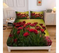 Marigold Double Fitted Sheet Flowers 3D Printed Bedding Double Bed Set Soft Microfibre Fitted Sheet Deep Pocket 12-inch, Bed Cover 135x190x30cm with 2 Pillowcase sd1783