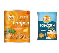 Marigold Fermented Vegan Tempeh Slices 280g (Pack of 3) + Free Popcorn - High Protein, Plant-Based, Ready-to-Eat, Mild Flavour, ideal for vegans, vegetarians