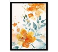 Marigold Flowers in Bloom Modern Watercolour Framed Art Print Artery8 Orange A4