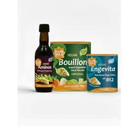Marigold Kitchen Essentials Pack - Save on Best Sellers | Nutritional Yeast Flakes with B12 100g + Vegetable Bouillon Stock Powder 150g + Liquid Aminos All-Purpose Seasoning 250ml