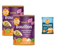 Marigold Reduced Salt Vegetable Bouillon Powder, 500g (Pack of 2) + Free Popcorn - Instant Vegan Stock Powder, 37% Less Salt, Natural Ingredients, Gluten-Free - Perfect for Soups, Stews & Sauces.