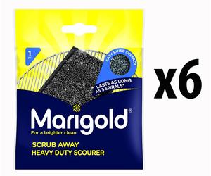 Marigold Scrub Away Heavy Duty Scourer x 6 Stainless Steel Washing Up Sponge Pad