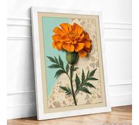 Marigold Study Botanical Framed Wall Art Print A2 (59.4×42cm) White, Wall Decor for Living Room, Bedroom, Office & Home, Ready to Hang, Art Gift