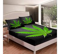 Marijuana Leaf Bed Sheet Set Cannabis Leaves Bed Sheets for Kids Boys Girls Weed Green Leaf Bedding Set Hemp Cotton Fadeless Fabric Fitted Sheet Room Decor 2Pcs Single Size,Zipper