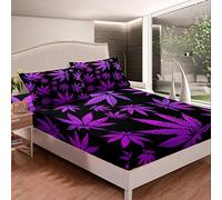 Marijuana Leaf Bed Sheet Set Weed Leaf Botanical Bed Sheets for Kids Men Women Adults Cannabis Leaves Bedding Set Luxury Puple Hemp Fitted Sheet Room Decor 3Pcs Double Size,Zipper