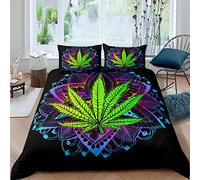 Marijuana Leaf Bedding Set Boho Exotic Blue Purple Man Ala Comforter Cover Green Cannabis Leaves Duvet Cover Bohemian Marijuana Weed Leaf Quilt Cover Smoky Trippy Plants Leaves Bedspread Double Size