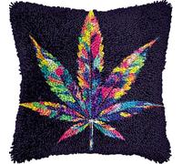 Marijuana Leaf DIY Latch Hook Kits Pillow with Printed Canvas Cushion Crochet Yarn Embroidery Hook and Latch Kit Pillowcase Christmas Decor 43x43cm(1)