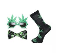 Marijuana Leaf Weed Ganja Pot Dank Piff Bow Tie, Novelty Glasses & Socks Set