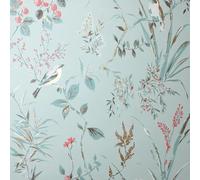 Mariko Blue Wallpaper - Floral Treebird Leaves Botanical Naturistic - Metallic Effect Stylish Trendy Feature Wall