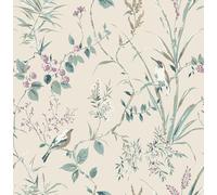 Crown Wallpaper Mariko M1554 - Floral Birds Metallic - Teal/Plum