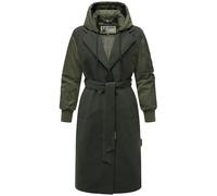 MARIKOO Tjadee 16 Women's Warm Long Transition Coat in Trendy Material Mix with Removable Hood and Tie Belt XS - 3XL, dark olive, XS