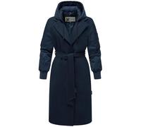 MARIKOO Women's Warm Long Transitional Coat in Trendy Material Mix with Removable Hood and Tie Belt Tjadee 16 XS-3XL, navy, XXL