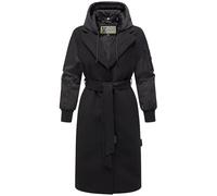 MARIKOO Women's Warm Long Transitional Coat in Trendy Material Mix with Removable Hood and Tie Belt Tjadee 16 XS-3XL, black, M