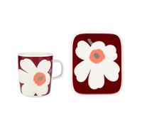 Marimekko Unikko 60th anniversary mug 25 cl + plate 12x15 cm White-dark cherry-ash grey