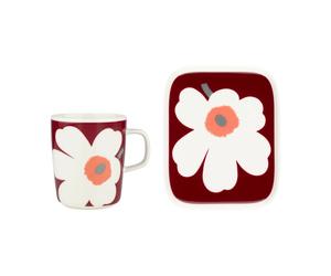 Marimekko Unikko 60th anniversary mug 25 cl + plate 12x15 cm White-dark cherry-ash grey