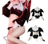 Marin Kitagawa Cosplay Dress,Devil Cosplay Costume Outfit with Wing & Devil Tail Elf Ears, Sexy French Maid Outfit Dress with Head Band,Sleeve for Halloween,Comic-Con (Black, 2XL)