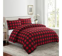 Marina Decoration Soft Silky Rich Printed Rayon from Bamboo All Season 4 Pieces Duvet Cover Fitted Sheet Ensemble Bedding Set with Zipper and Corner Tie, Red Black Plaid Pattern Double/Full Size