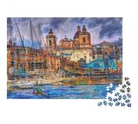 Marina with Historic Church 1000pc Harbor City Art Heavy-duty Cardboard Puzzle for Adults Brain Teaser Lovers Team Building Leisure Entertainment Home Leisure Time 52x38cm/1000pcs